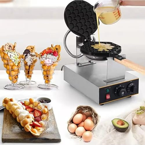 KYZTMHC 1400W Commercial Egg Waffle Maker, 180° Rotating Plates, Adjustable Temp (50-250℃), Non-Stick Surface for Quick & Easy Cleaning