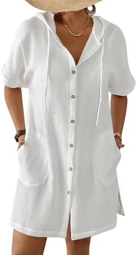 Bsubseach Womens Swimsuit Cover Up Shirt Button Down Short Sleeve Bathingsuit Coverups Hooded Beach Coverup With Pockets White XL