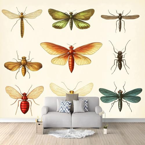 Carta da parati panoramica acquerello vintage insetti, motivo variegato, 200 x 140 cm, carta da parati in tessuto non tessuto, arazzo da parete, per camera da letto, soggiorno, camera dei bambini