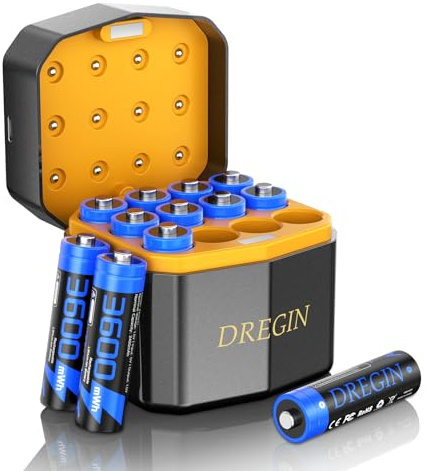 Dregin Wiederaufladbar Lithium Akkus AA 12-Pack mit Ladegerät, 1,5V 3600mWh Hohe Kapazität AA Batterien, 2000 Zyklen Lang Wiederauflabare(Blau)