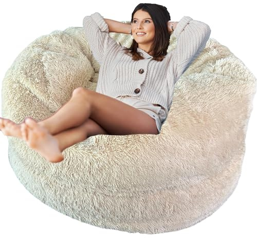 Delmach Fluffy Bean Bag Chair Cover for Adults Teens or Kids, xl Faux Fur Stuffed Animal Storage (Beige, 4 ft (Cover Only))