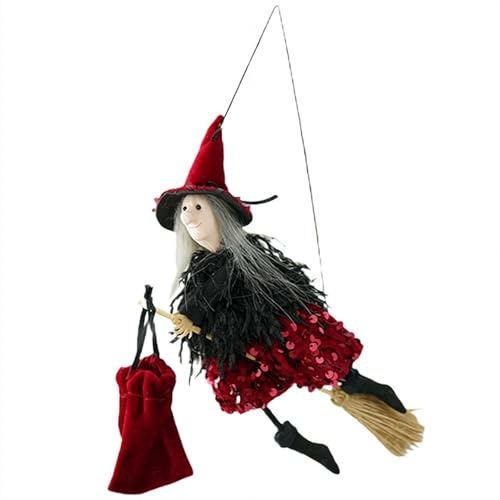 Fliegende Hexe auf Besen - Seide hängende Hexenpuppe, 25,4 cm Küchenhexe Dekoration, leichte Halloween-Veranda & Hof-Ornament für Fenster, Spukhaus, Party (Rot)