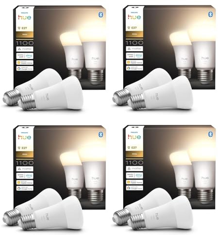 Philips Hue Bundle – 4 x Doppelpackungen, weiß, 1100 A60 E27 Smart-Leuchtmittel (8 Glühbirnen), dimmbare LED, intelligente Beleuchtung, App- und Sprachsteuerung, funktioniert mit Alexa, Google Home