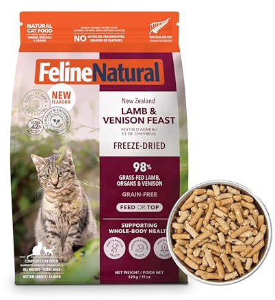Feline Natural Freeze Dried Cat Food - Grain-Free and High Protein Cat Food from New Zealand, Complete Meal or Topper for Kittens, Adults, and Senior Cats, Grass-Fed Lamb and Venison, 11 oz