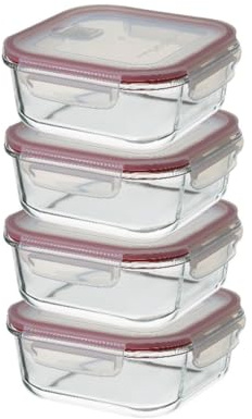 Set 4 tapers rectangulares de cristal transparente de 1100 ml. 19x19x7,5 cm | Cierre hermético sin BPA. Válvula ideal para microondas, horno convencional o congelador.