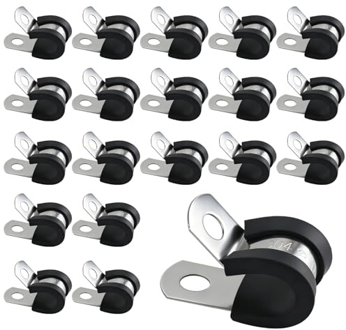 20PCS Stainless Steel Rubber Cushioned R Shape Clamps, Rubber Lined P Clips, 10mm (3/8) Hose Pipe Clamps, Cable Mounting Hose Pipe Clamp for Cable, Cord, Wire, Tube (10mm)