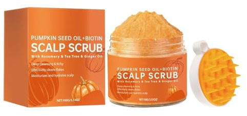 Scrub per il cuoio capelluto con olio di semi di zucca e biotina - Scrub esfoliante sferico al sale marino, riequilibra il microbioma del cuoio capelluto, rinforza le radici dei capelli, 100 g