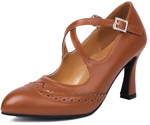 Mary Jane Pumps Brogue Pumps Dam Spetsig Tå Strap Hög Klack Högklackat Arbete Professionellt Kontor Kvälls Evenemang Kvällsskor, Brun, 36 EU