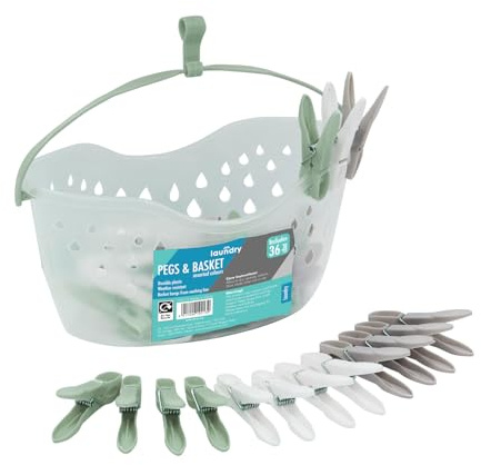 JVL Peg Basket with Handle and 36 Plastic Clothes Pegs – Laundry Storage Holder