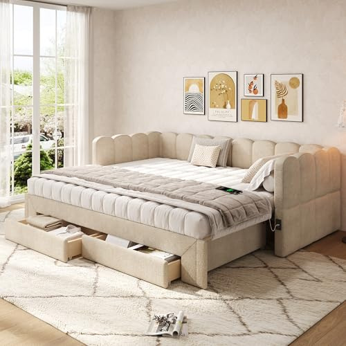 Tagesbett 90/180x200, Polsterbett Schlafsofa mit Ausziehbett & 2 Schubladen, Stauraumbett Gästebett Ausziehbar zum Doppelbett, Bettgestell mit USB-Anschluss & Lattenrost, Chenille,ohne Matratze,Beige