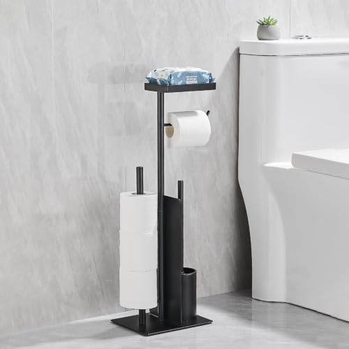 HANFU Porte Papier Toilette avec Brosse de Toilette en Métal Inoxydable | Support pour 4 Rouleaux avec Étagère Supérieure, Base Antidérapante, Rangement Toilette, Noir