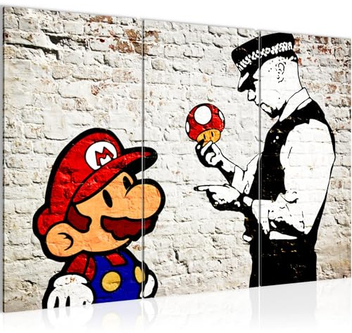 Runa Art Mario and Cop Banksy Väggmålningar vardagsrum XXL Grå Gatukonst 120 x 80 cm 3 Delar Väggdekoration 303031a