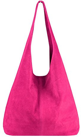 OBC Made IN Italy Damen Leder Tasche Handtasche Wildleder Shopper Schultertasche Hobo-Bag Henkeltasche Beuteltasche Velourleder (Pink (Wildleder))