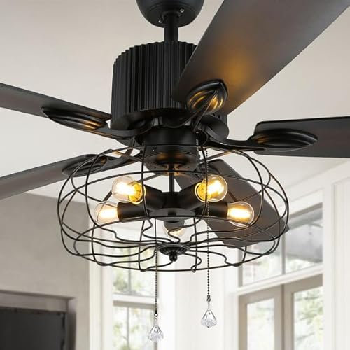 Bella Depot 52-Inch Industrial Ceiling Fan, Black Iron Caged Ceiling Fan with Lights and Remote, Rustic Ceiling Fan with 5 Wooden Reversible Blades for Kitchen, Bedroom, Living Room etc.