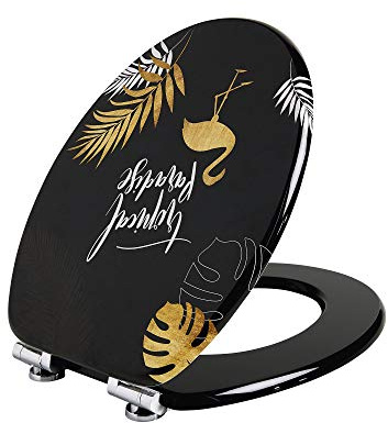 Wirquin 20722717 Abattant WC Woody Tropical Paradise Noir, Blanc et Doré | MDF, frein de chute, charnières inox