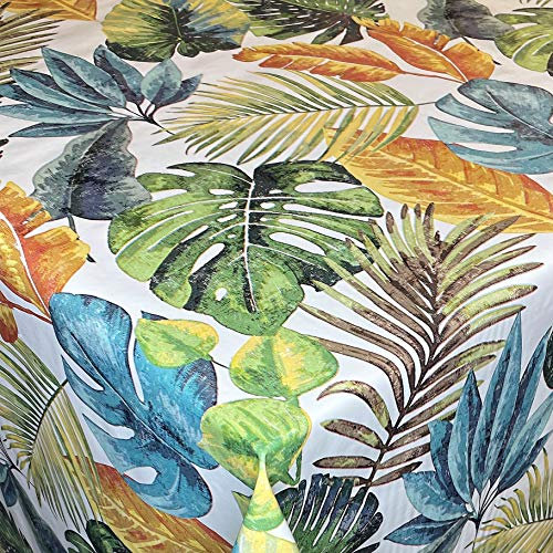 KEVKUS Nappe en toile cirée C144061 Jungle Palmiers Monstera sur fond blanc, rectangulaire, ronde et ovale (bord coupé (sans bordure) 120 x 160 cm ovale)