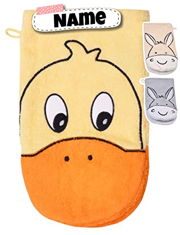 Baby Waschhandschuh personalisiert | Waschlappen Kinder mit Namen bestickt | 100% Baumwolle | Frottee | Baby Geschenke (Ente Gelb)