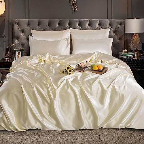 ROOEE Set completo di biancheria da letto in raso di seta, 6 pezzi, lenzuolo con angoli, copripiumino e 4 federe. Colore: panna. Dimensioni: super king size