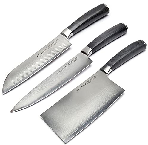 KLAMER Premium Damastmesser 3er Messerset, japanischer Damaszener Stahl | Die 67 Lagen mit 61 HRC bleiben ultrascharf, im 13-Grad-Schnittwinkel schneiden sie Fleisch, Fisch, Obst und Gemüse mühelos
