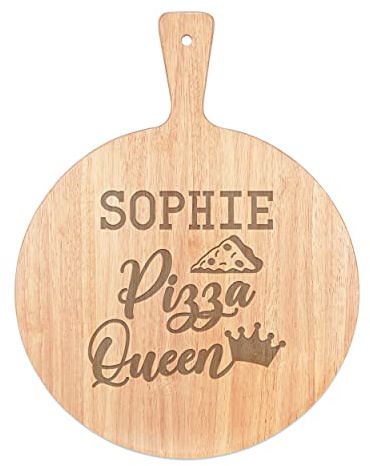 Personalised Custom Pizza Board Pizza Queen Name Serving Tray Handle Paddle Round Wooden 45x34cm
