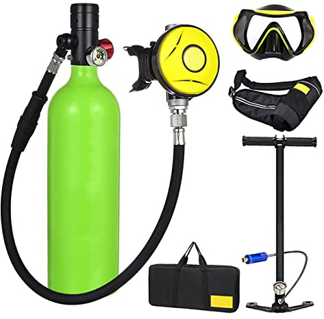 Sauerstoffflasche 1L Mini Scuba Diving Sauerstoffflasche, Portable Dive Tauchflasche Tauchen Tragbare 15-20 Minuten Kapazität mit Hochdruck Luftpumpe Nachfüllbarem Design, für Reisen und Tauchen,Grün