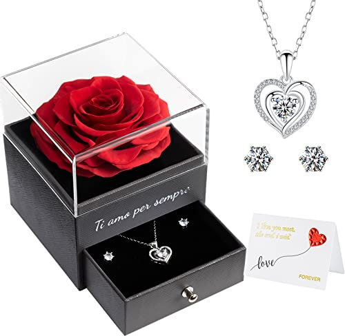 Miofula Rosa Stabilizzata Regalo Donna, San Valentino per Lei, Rosa Eterna con Collana Argento 925, Ti Amo per Sempre Regalo di Natale Anniversario Compleanno Festa della Mamma per Mamma, Fidanzata