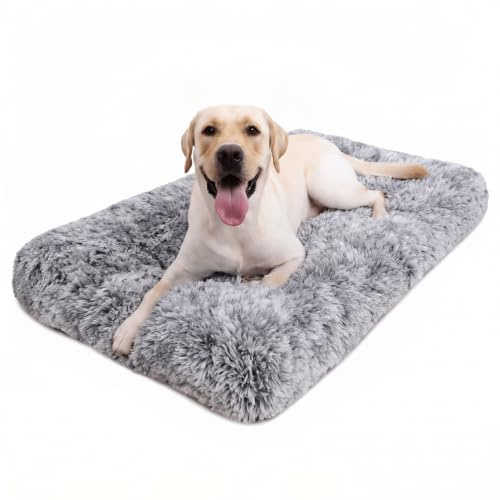 Jaspuriea Large Dog Bed Washable Dog Crate Mattress Calming Fluffy Anti Anxiety Dog Beds Deluxe Plush Dog Mat with Anti-Slip Bottom, Grey, 90x60x8cm