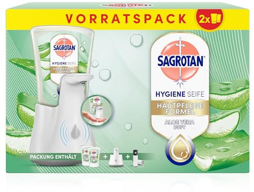 Sagrotan No-Touch Automatischer Seifenspender Weiß – Vorratspack – Inkl. Sagrotan Nachfüllern Aloe Vera – 2 x 250 ml Flüssigseife