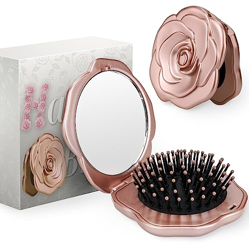 Travel Folding Hair Brush, Roses Mini Pocket Mirror Brush Easy to Carry for Small Spaces Nylon Brush/Comb/HairBrush for Women Men's Any Hairstyles Hair and Beards Wet Dry Hair Restore Shine