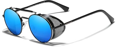 KINGSEVEN Echte Retro Runde Steampunk Sonnenbrille Männer Retro Frauen Sonnenbrille Vintage Reisebrille Gafas De Sol 7550 (Schwarz Blau)