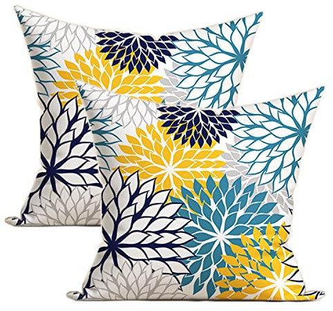 Kissenbezüge, Marineblau, Blaugrün und Gelb, 2er-Set, elegante Dahlien-Blume, für den Außenbereich, dekorative Kissenbezüge, 40.6x40.6 cm, Sommerblumen, Sofa, Dekoration