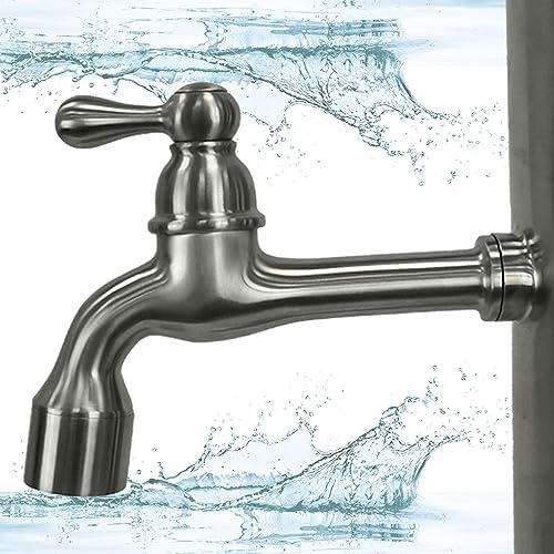 Wasserfranz Wasserhahn aus Edelstahl, Wasserhahn Garten, Wasserhahn Wandmontage für außen und innen 145mm, 1/2 Zoll Wasserhahn passend für Wassergartensäule, Design Auslaufhahn, Gartenwasserhahn