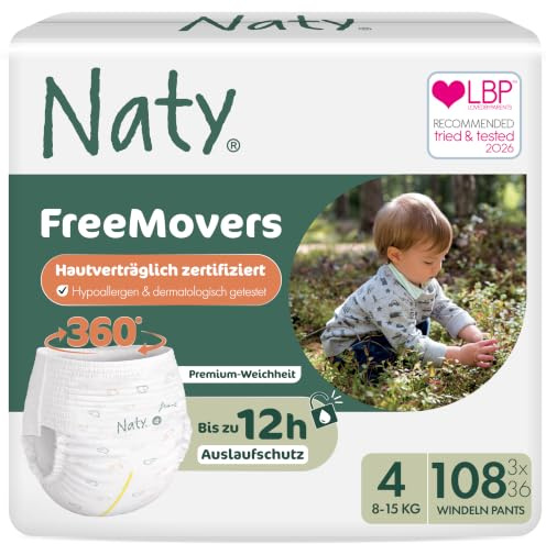 Naty FreeMovers Byxblöjor, Storlek 4 (8–15kg), 108-pack