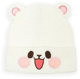 Milkmochabear Beanie mit Milch-Mokka-Gesicht – niedliche, warme Strickmanschette, Mütze für Damen und Herren, mit gesticktem Charaktergesicht
