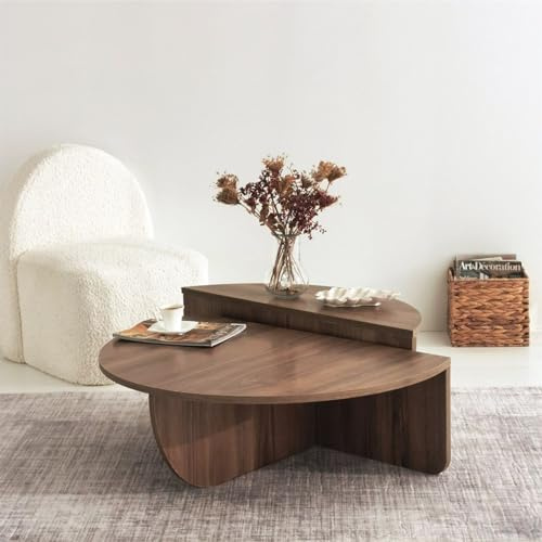 FAWdecor Table basse ronde moderne en bois, table centrale en bois aggloméré, tables basses gigognes uniques, table basse esthétique du milieu du siècle (noyer)