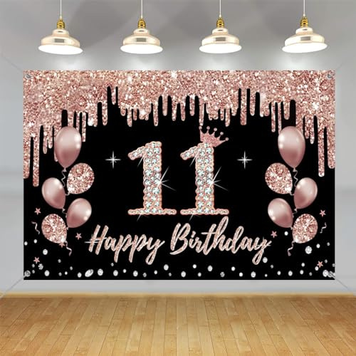11. Geburtstag Dekorationen für Mädchen - Party Dekoration Schwarz und Roségold, Stoffschild Hängende Poster, Hintergrund Banner, Willkommensschild