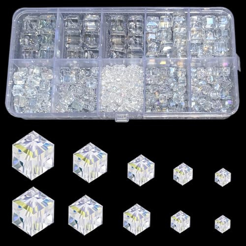 Gocelyn 518 pcs Clear Cube Crystal Glass Beads with AB Color for Jewelry Making,Transparent Charm Square Shape Spacer Beads for DIY Crafts Bracelets Necklaces Pendants2/4/6/8/10mm
