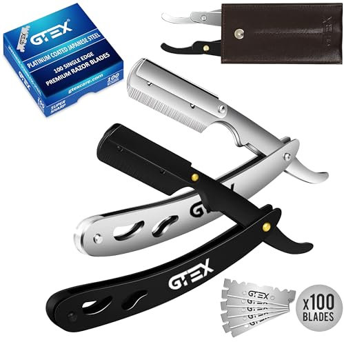 Rasiermesser Herren mit 100 Premium GTEX Rasierklingen & Ledertasche - 2 Rasiermesser & 100 Rasierklinge - Straight Razor Bartmesser Ustura