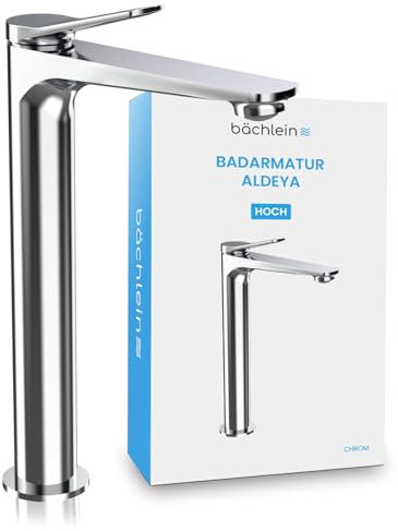 Bächlein Aldeya - Rubinetto da bagno alto dal design moderno, miscelatore monocomando extra alto per lavabo con kit di montaggio, cromato