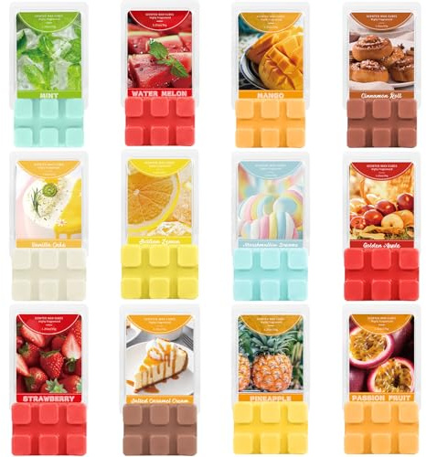 SCENTORINI Doftande vaxsmältning för oljebrännare, förpackning med 12, doftande vaxkuber, sojavax smältning, rumsdoft, för ljusvärmare, gyllene äpple, kanelrullar, jordgubb, mango