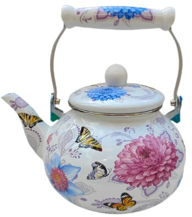 Fenteer Emaille-Teekessel, Kaffeekanne, hitzebeständig, mit Deckel, Saft-/Wasserkrug, Blumen-Emaille-Topf, Wasserkocher für Haushalt, Büro, Tee