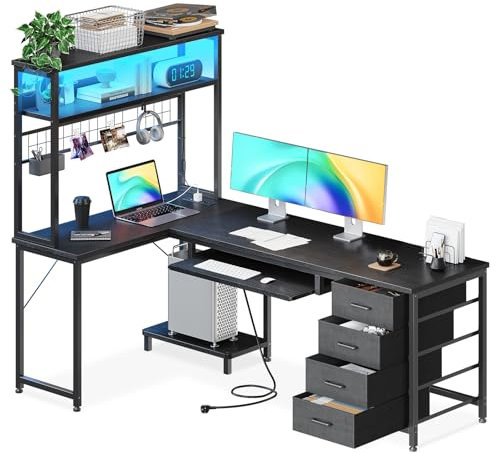 Coleshome Gaming Tisch mit Schubladen, 149.5 × 100 cm Gaming Eckschreibtisch mit LED und Steckdose, Gaming Tisch mit Ablagefach und Tastaturablage für Gamer, Schwarz