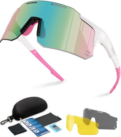 Winyoher Fahrrad-Brille Damen UV400 Sport-Sonnenbrille | Winddichte Fahrradbrille Herren Mit 2 Austauschbaren Linsen | Sportbrille Für Rennrad, Laufen, Joggen (Pink)