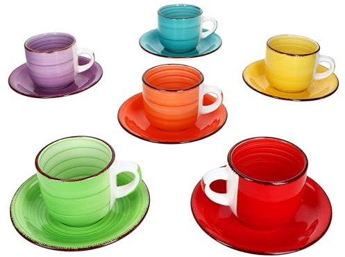 MamboCat Lot de 6 tasses à cappuccino unies multicolores avec soucoupes I 200 ml I Grandes tasses colorées + soucoupes en faïence pour 6 personnes Décor tourbillon
