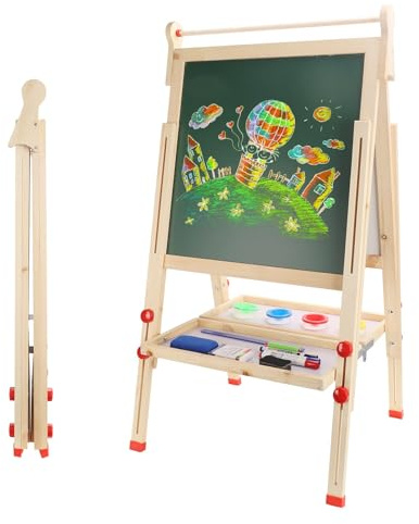 Dripex Tableau Enfant Double Face, Pliable Chevalet Enfant en Bois Réglable en Hauteur Tableau Noir et Tableau Blanc avec Craie Aimants Cadeau de Jouet Educatif Créatif pour Garçon Fille de 3+ Ans