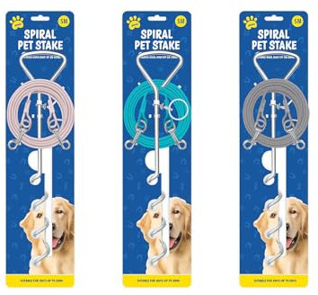 Heavy Duty Dog Tie Out Cable & Spiral Ground Stake – 16.4ft Outdoor Dog Leash Cable for Yard, Camping, Travel – Secure Tangle-Free Pet Tie Out System for Small to Medium Dogs (Grey)