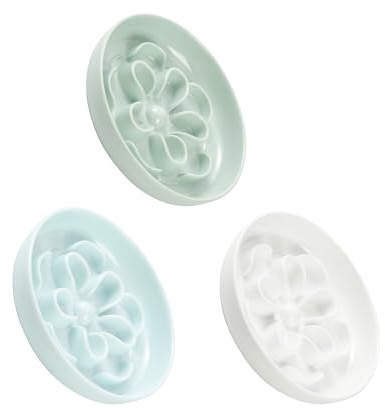 Comedero Gato Antivoracidad de Melamina - Cuencos para Gatos de Alimentación Lenta - Fleurs Labyrinthe - Apto para lavavajillas - Set de 3 (Blanca, Verde y Azul)