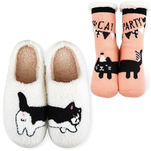 Geyoga Pantuflas de Peluche y Calcetines con Motivo de Gato para Mujer Hombre Zapatillas de Invierno Cálidas Acogedoras(42-43)