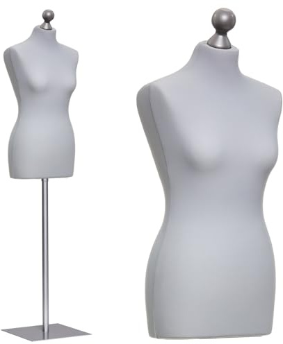 DummyDoll Schneiderpuppe weiblich Größe 46/48, Überzug Silbergrau, Fuß Metallplatte + Knauf Silbergrau