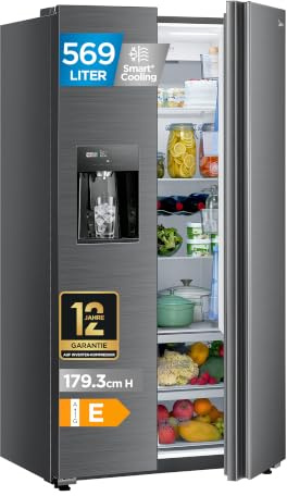 Midea Side-by-Side Kühlschrank 569 L, Eiswürfel- & Wasserspender, No Frost | WiFi-Steuerung, Dual-Inverter Technologie, Multi-Air-Flow, Aktive Geruchsneutralisation, 179,3 cm hoch, MDRS761MIE46